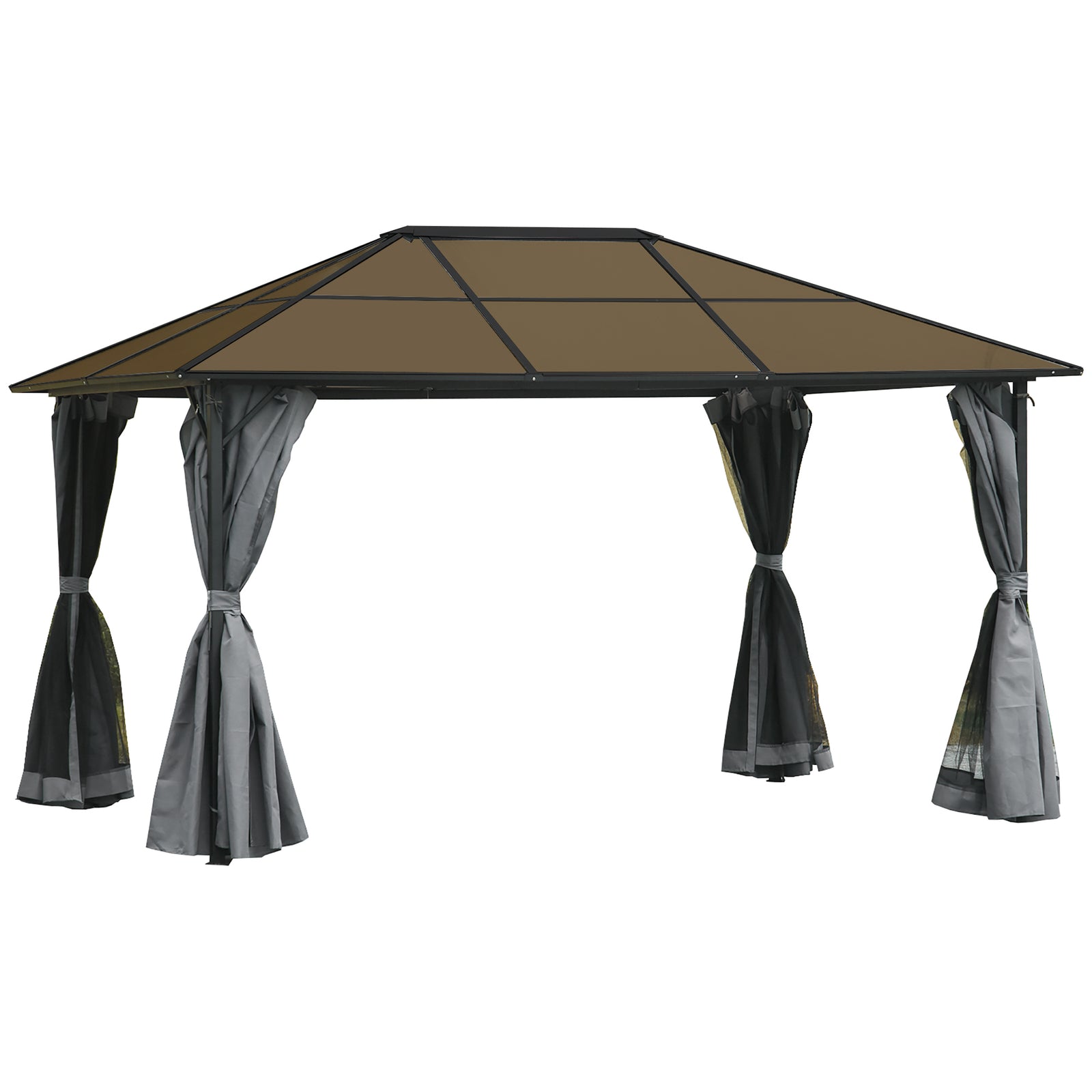 3 x 4m Hardtop Gazebo Canopy with Polycarbonate Roof, Aluminium Frame, Permanent Pavilion Garden Gazebo with Netting and Curtains - Grey