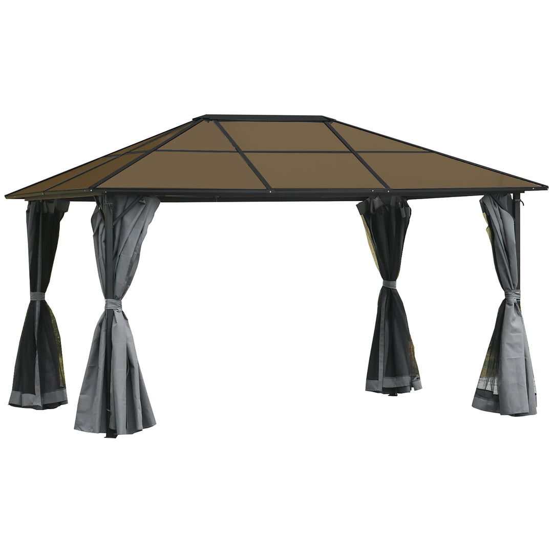 MCL 3 x 4m Hardtop Gazebo Canopy with Polycarbonate Roof, Aluminium Frame, Permanent Pavilion Garden Gazebo with Netting and Curtains - Grey