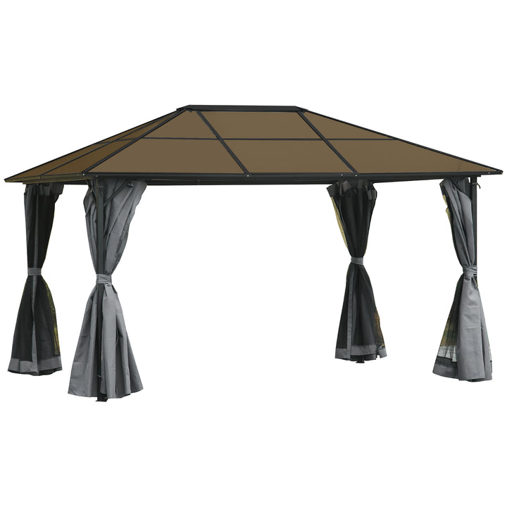 MCL 3 x 4m Hardtop Gazebo Canopy with Polycarbonate Roof, Aluminium Frame, Permanent Pavilion Garden Gazebo with Netting and Curtains - Grey