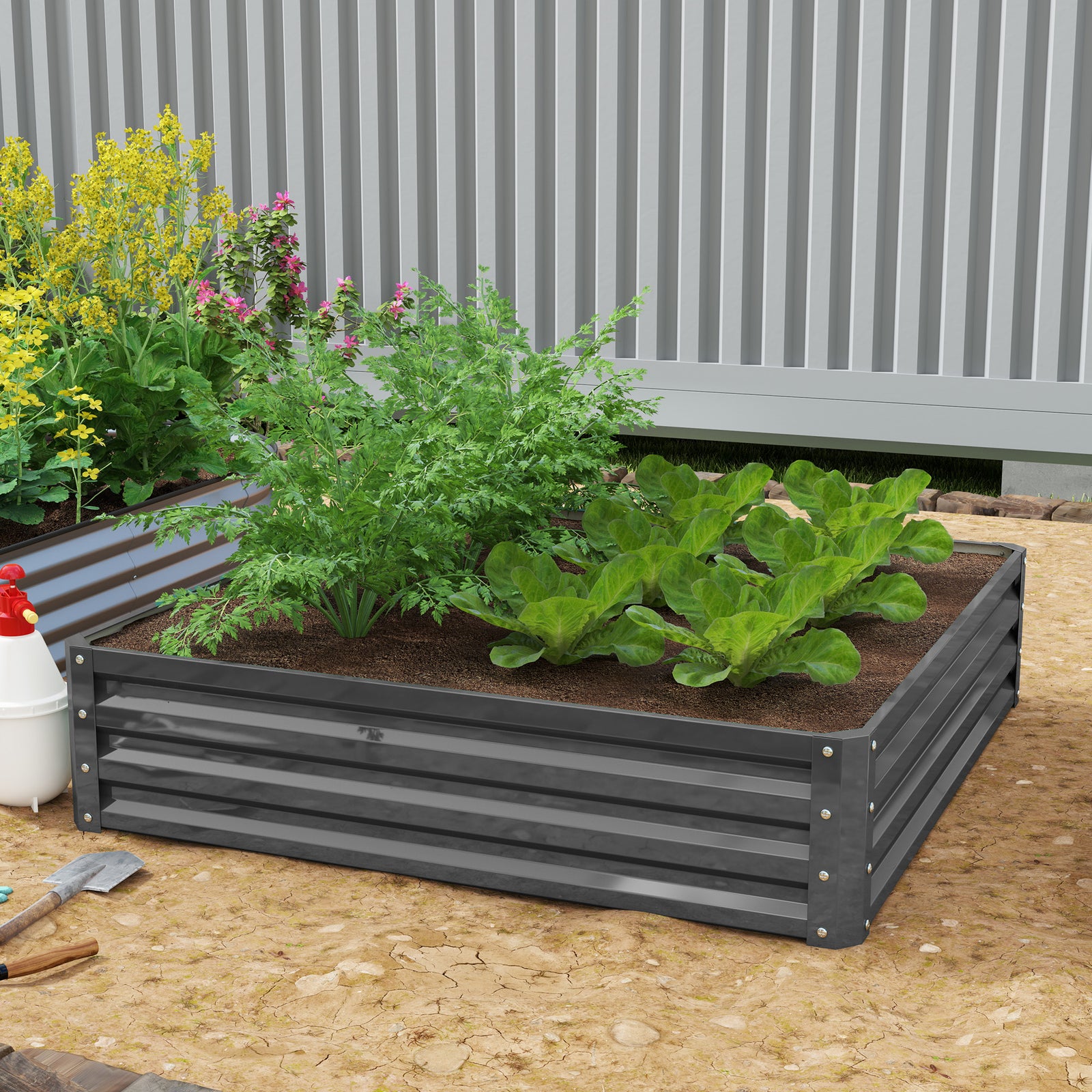 432L Square Raised Garden Bed Box Steel Frame for Vegetables, Flowers and Herbs, 120 x 120 x 30cm, Light Grey