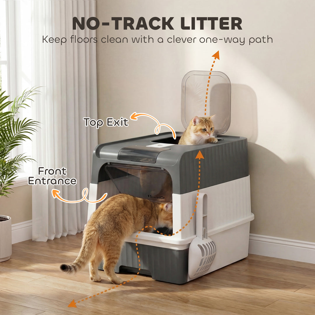 Enclosed Cat Litter Box with Lid, Pull-Out Drawer Tray, Scoop, 4 Deodo