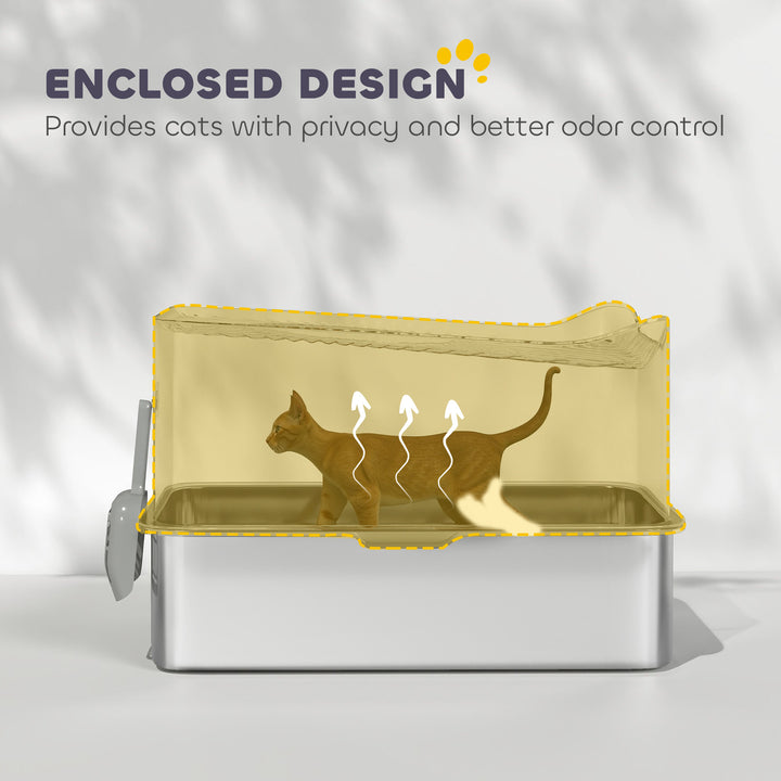 Stainless Steel Cat Litter Tray, Extra Large Enclosed Litter Box with Scoop, Top Entrance, Non-slip Pads, Dark Grey