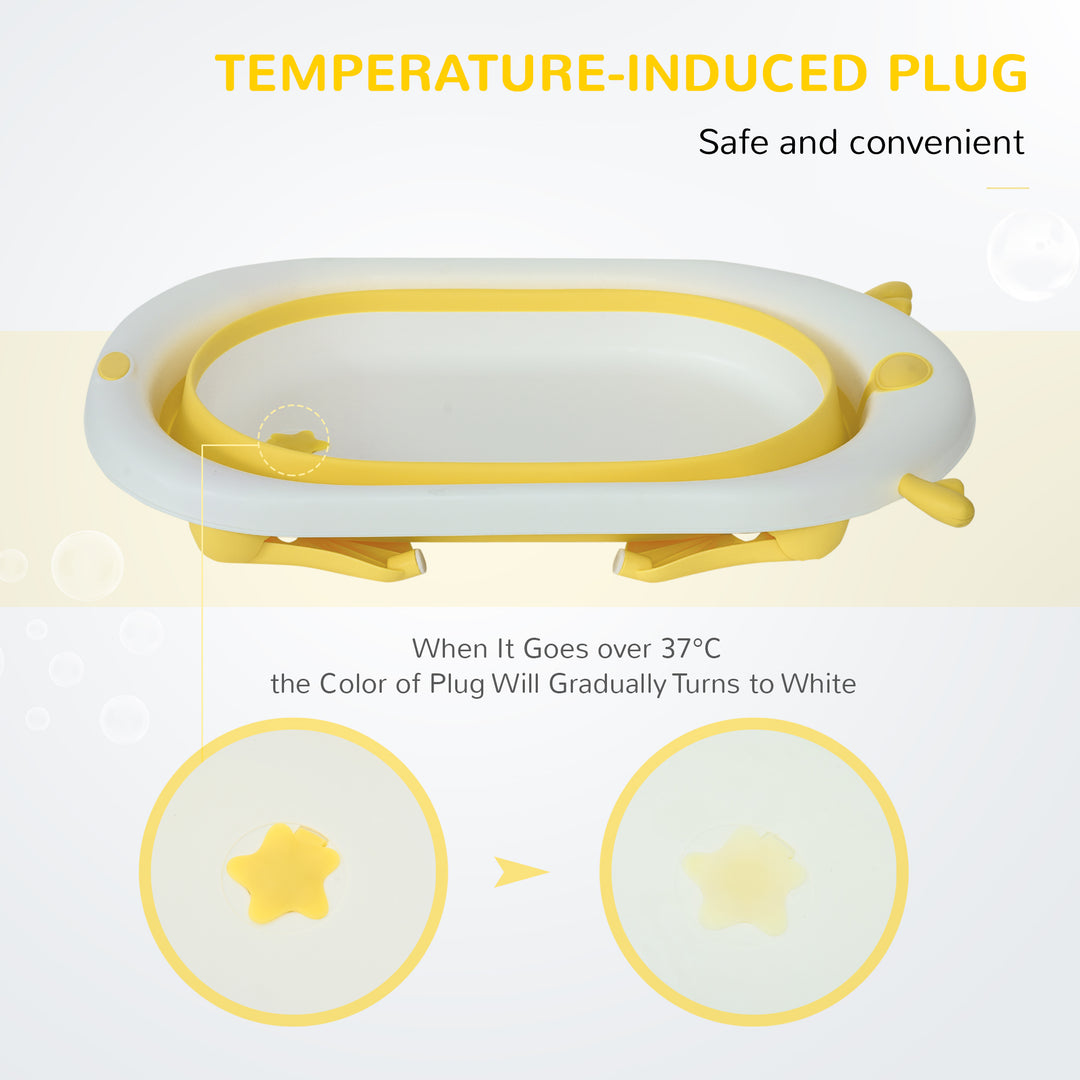 Foldable Baby Bathtub Set, Collapsible Bath Tub with Thermostatic Water Plug, Non-Slip Support, Cushion Pad, Drain Plugs, for Newborn to 3 Years - Yellow