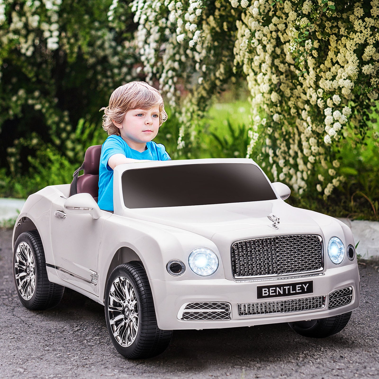 Bentley Mulsanne Licensed Kids Electric Ride-On Car, with Remote Control. LED lights, Music - White