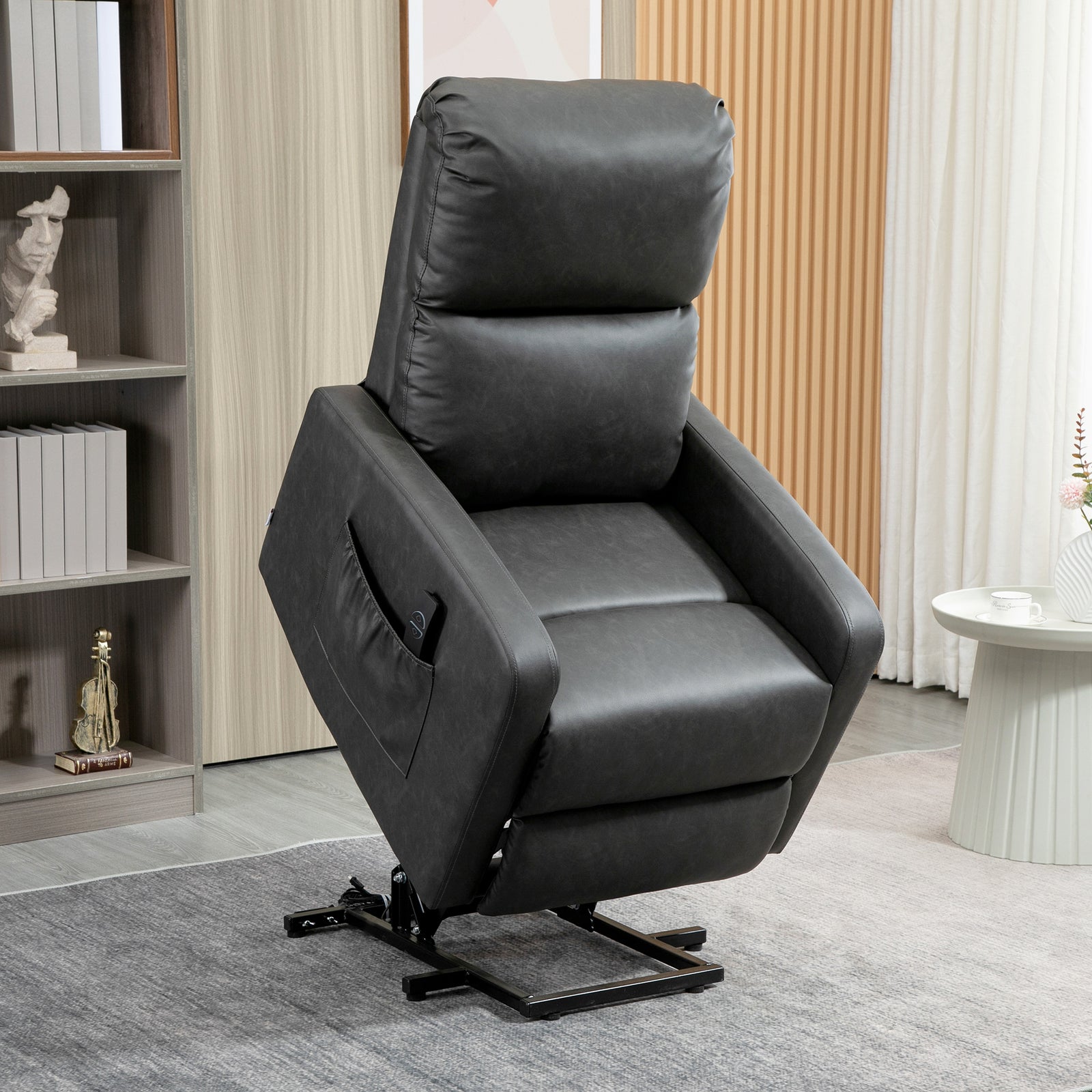 Riser and Recliner Chair for the Elderly, PU Leather Upholstered Lift Chair for Living Room with Remote Control, Side Pockets, Charcoal Grey
