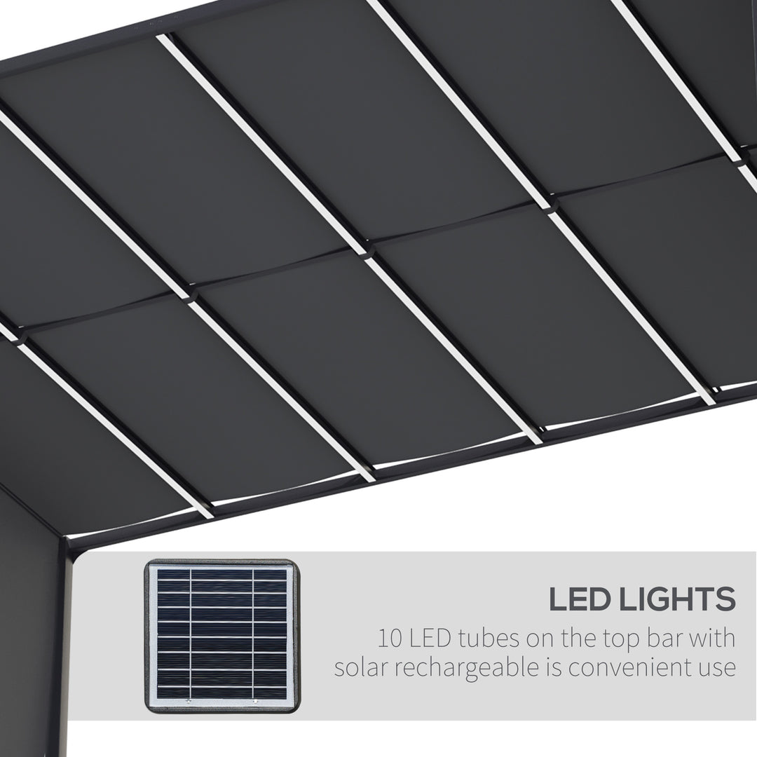 3(m) x 4m Metal Pergola with LED Lights, Outdoor Garden Pergola with Sliding Roof, Solar Powered, for BBQ, Lawn, Dark Grey