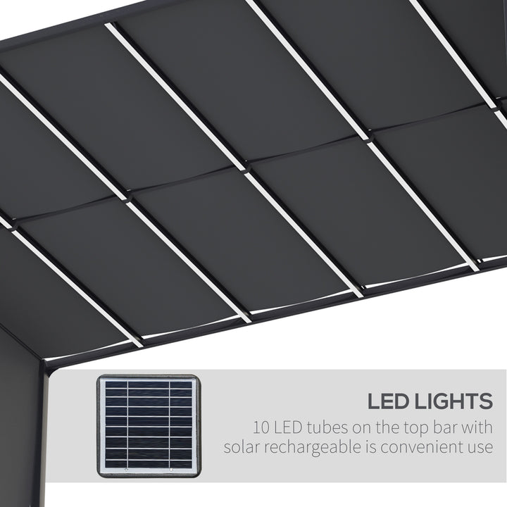 3(m) x 4m Metal Pergola with LED Lights, Outdoor Garden Pergola with Sliding Roof, Solar Powered, for BBQ, Lawn, Dark Grey