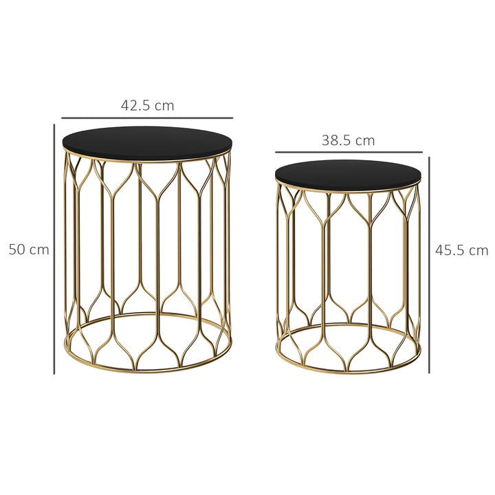 Round Coffee Table Set of 2, Modern Nesting Tables with Ceramic Tile Top, Small End Tables, Indoor Outdoor Side Table with Metal Frame for Living Room, Bedroom, Patio, Balcony, Black
