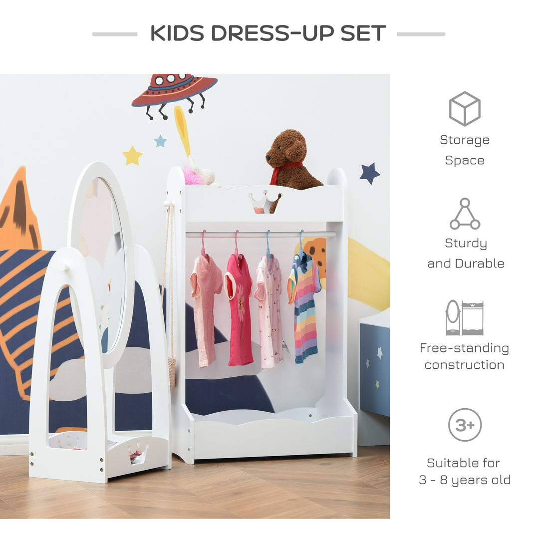Kids Clothes Rail and Mirror Set 360° Rotation Free Standing Full Length Mirror and Hanging Rack with Storage Shelves Child's Dressing Mirror Garment Wardrobe White
