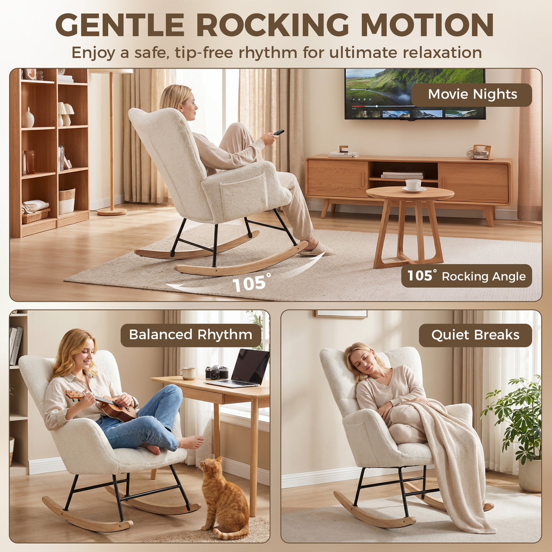 Rocking Chair, Teddy Fleece Rocker Chair with Tufted Wingback, Side Po
