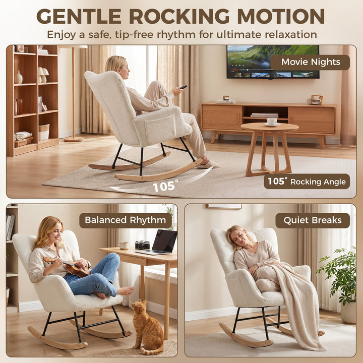 Rocking Chair, Teddy Fleece Rocker Chair with Tufted Wingback, Side Po