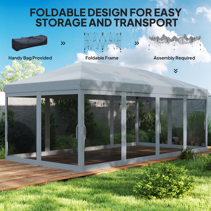 3 x 6m Pop Up Gazebo, Outdoor Canopy Shelter, Marquee Party Wedding Tent with 6 Mesh Walls and Carry Bag, Grey