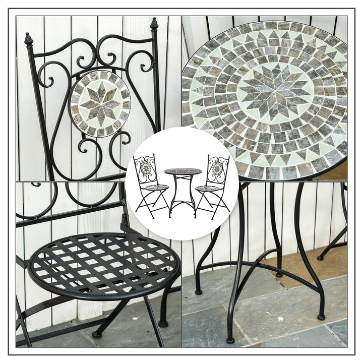 Outsunny 3 Pcs Mosaic Tile Garden Bistro Set Outdoor Seating w/ Table 2 Folding Chairs Set Metal Frame Elegant Scrolling Indoor Patio Balcony