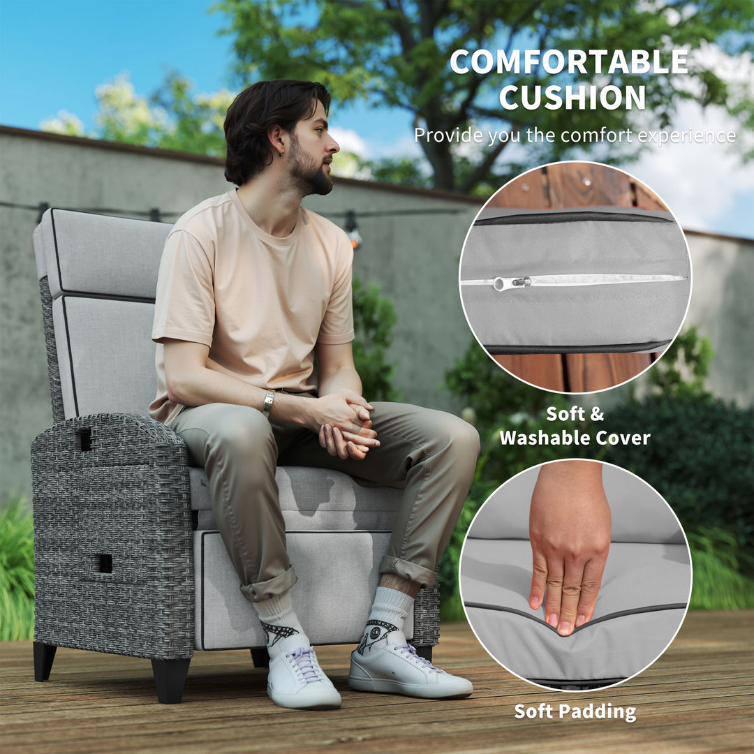 Outdoor Recliner Chair with Adjustable Backrest and Footrest, Cushion, Side Tray, Light Grey/Grey