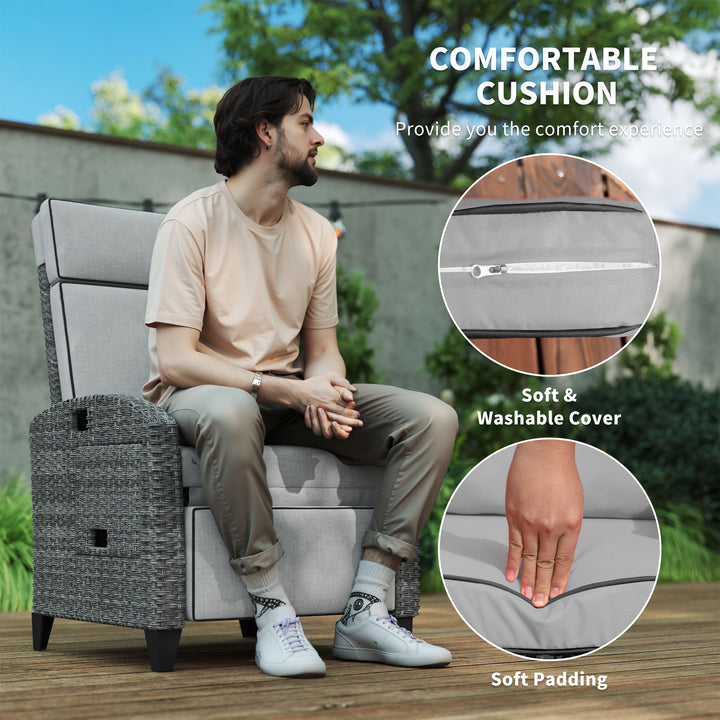 Outdoor Recliner Chair with Adjustable Backrest and Footrest, Cushion, Side Tray, Light Grey/Grey