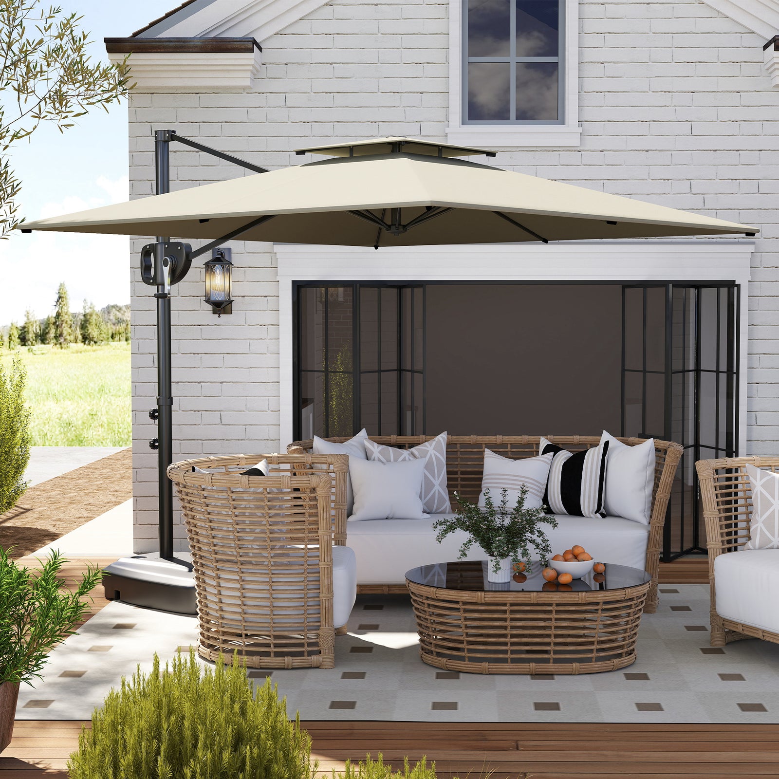 Cantilever Parasol with Weighted Base Double Top Garden Parasol Square Hanging Patio Umbrella with Crank Tilt Light Grey