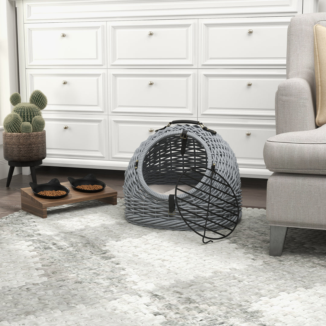Wicker Pet Carrier Basket Cat Kitten Bed Portable Travel Cage w/ Soft Cushion Handle Grey 50 x 40 x 40 cm