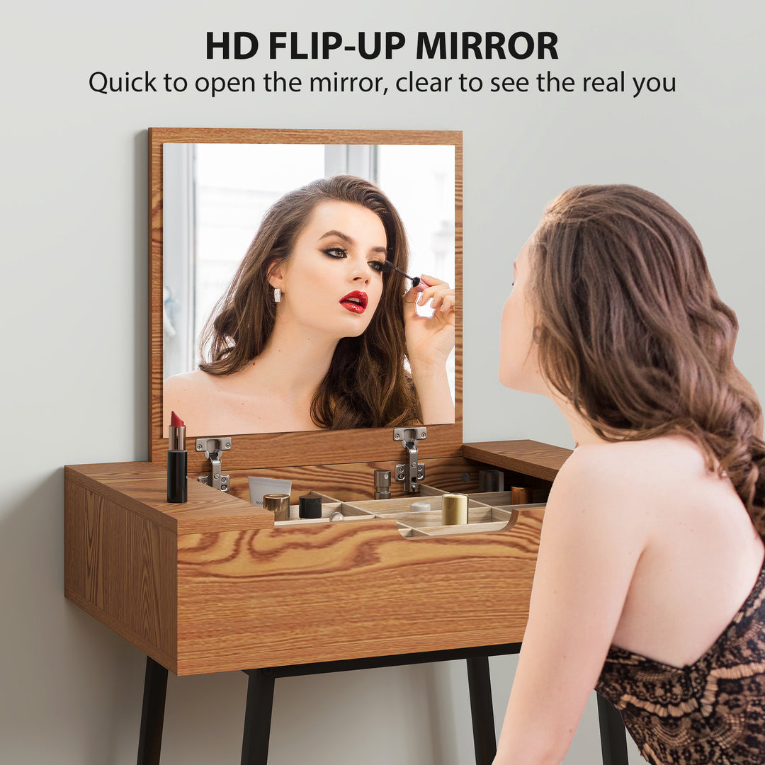 Vanity Desk with Flip-Up Mirror, Industrial Dressing Table with 16 Small Compartments for Bedroom, Natural Wood Effect
