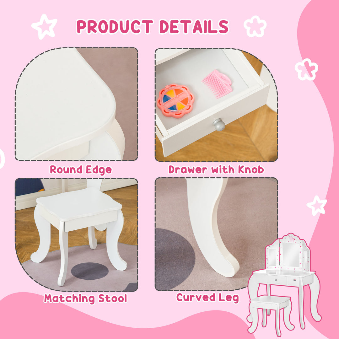 Kids Vanity Table and Chair Set with Tri-Folding Mirror and Stool, Makeup Dressing Table with Drawer, White