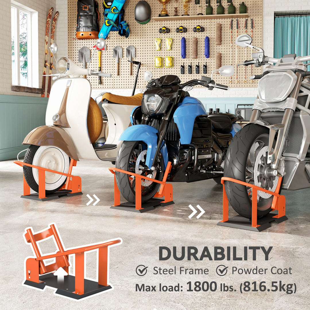 Motorcycle Wheel Chock, 816.5 kg Capacity Heavy Duty Steel Motorcycle Front Wheel Chock Holder with 3 Height Adjustable Holes, Fits 381-533.4 mm Wheels, Orange