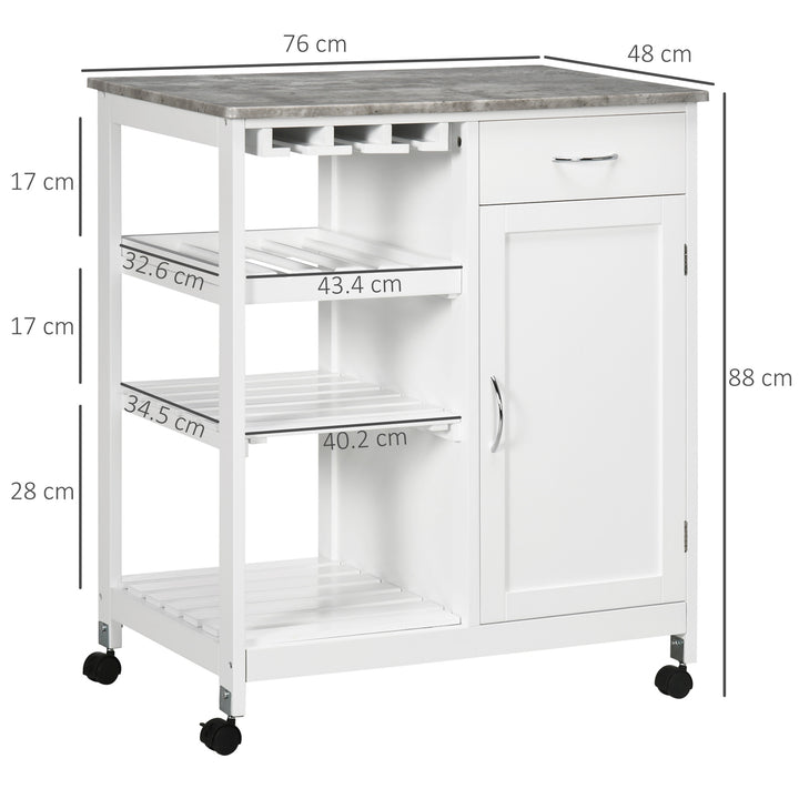 MCL Compact Kitchen Trolley Utility Cart on Wheels with Wine Rack, Drawer, Open Shelf and Storage Cabinet for Dining Room, White