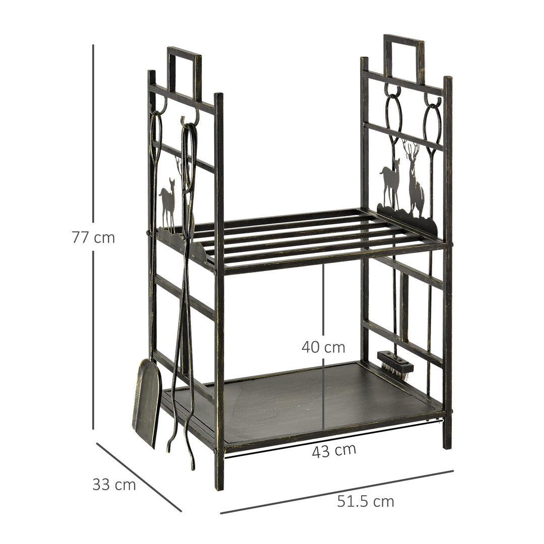 Metal Firewood Log Holder 2 Tier Firewood Rack Indoor Outdoor Fireplace Wood Storage Shelf with 4 Tools, Hooks, Elk Shape Design, Black Gold Tone, 51.5W x 33D x 77H cm