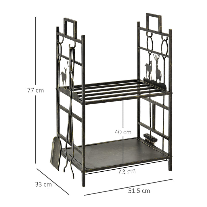 Metal Firewood Log Holder 2 Tier Firewood Rack Indoor Outdoor Fireplace Wood Storage Shelf with 4 Tools, Hooks, Elk Shape Design, Black Gold Tone, 51.5W x 33D x 77H cm