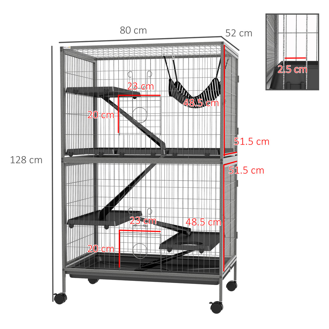 PawHut Small Animal Cage for Chinchilla Ferret Kitten on Wheels with Hammock Removable Tray, Silver Grey