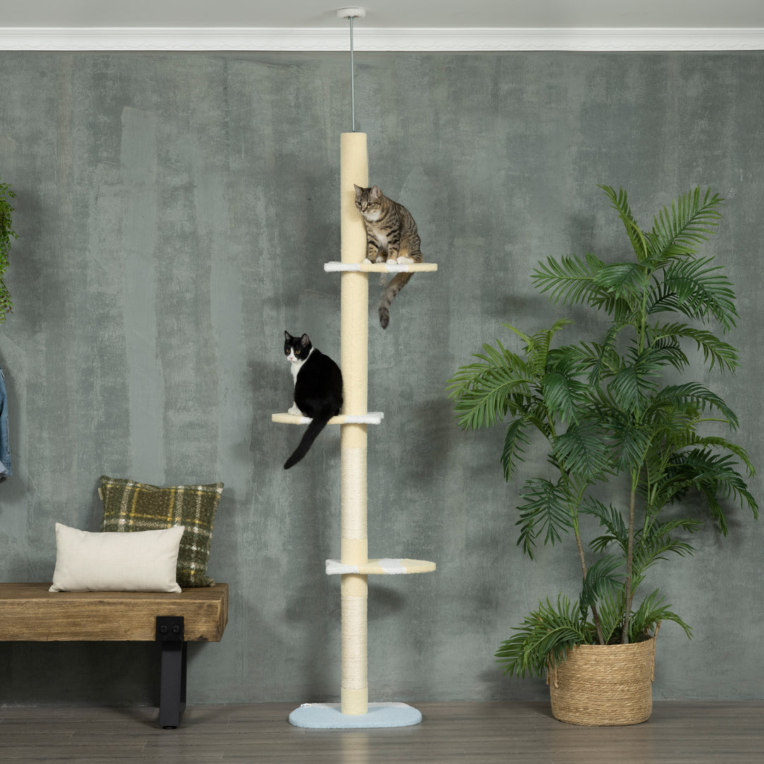 PawHut 260cm Cat Tower Cat Tree, Floor to Ceiling, Height Adjustable with Anti-slip Kit and Fish-shaped Scratching Post Ball, Yellow