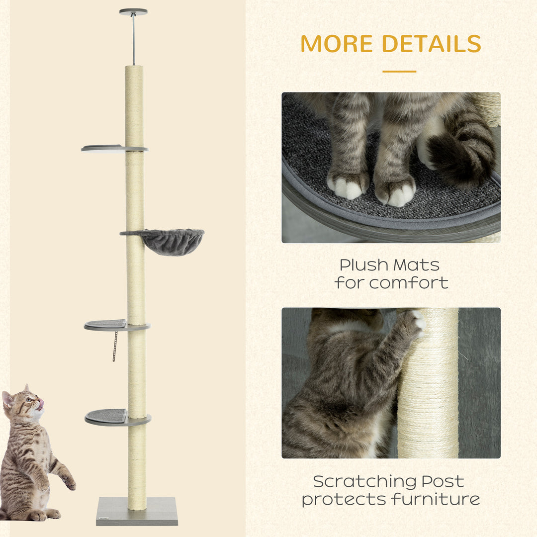 PawHut Floor to Ceiling Cat Tree 250cm with Hammock, Scratching Post, for Climbing & Relaxing. | Aosom UK