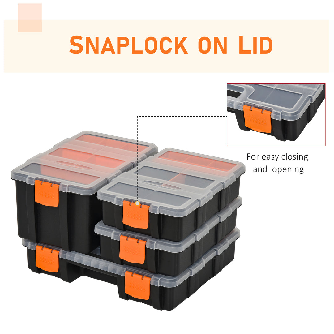 Set Of 4 Plastic DIY Tool Storage Boxes w/ Inside Dividers Locking Lids Home Garage Organisation Stacking Arts Crafts Bolts Black Orange