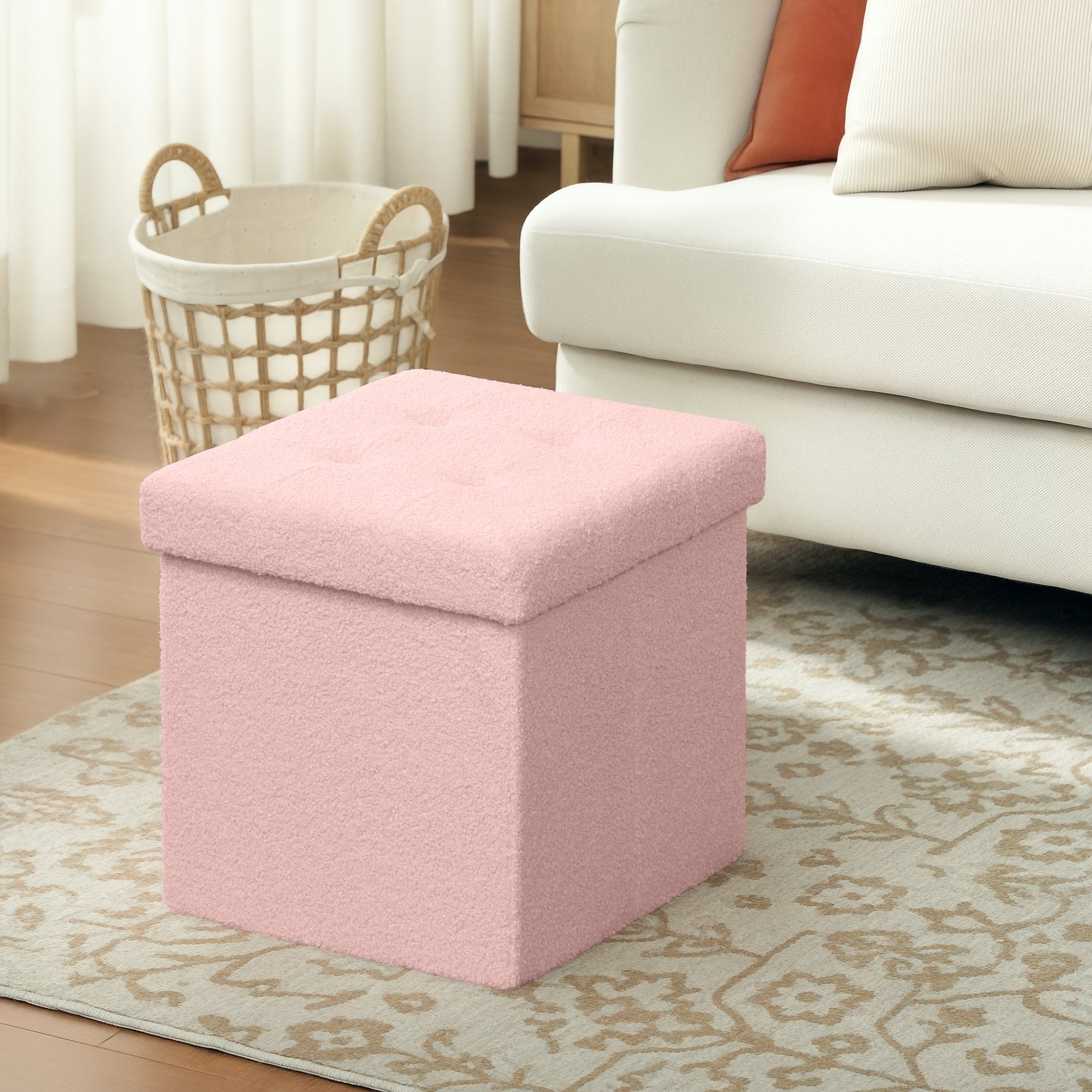 Foldable Sherpa Fleece Storage Ottoman - Pink