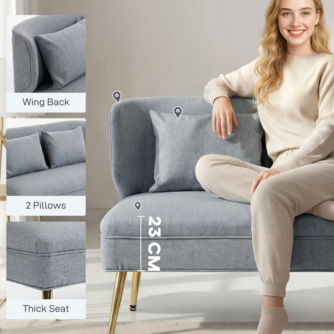 2 Seater Sofa, Linen-look Fabric Small Sofa with Wing Back, Thick Seat, Metal Legs