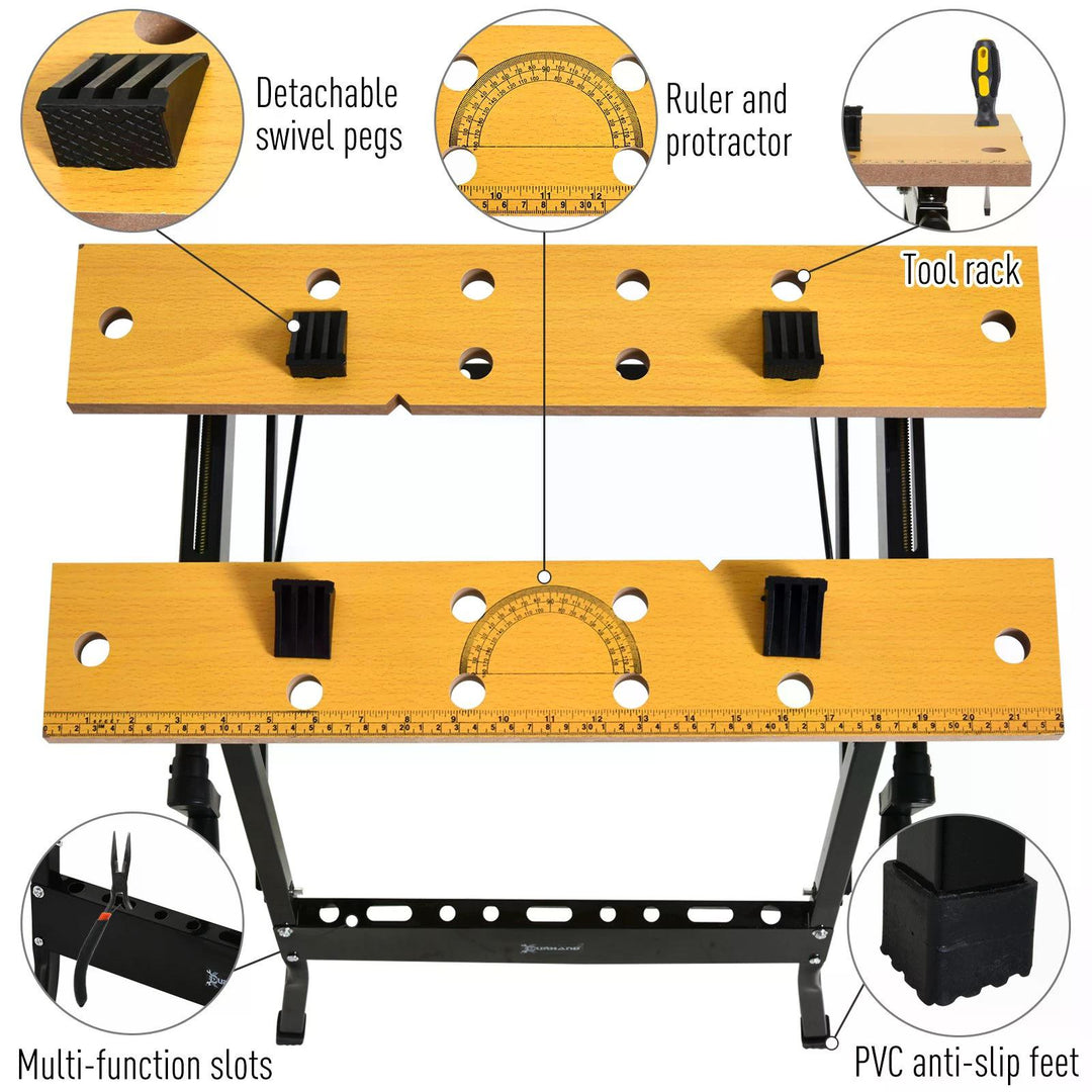 DURHAND Workbench 4-in-1, Sawhorse Folding Clamp Table with 4 Adjustable Clamping Pegs for DIY Projects, Home Garage, Black | Aosom UK