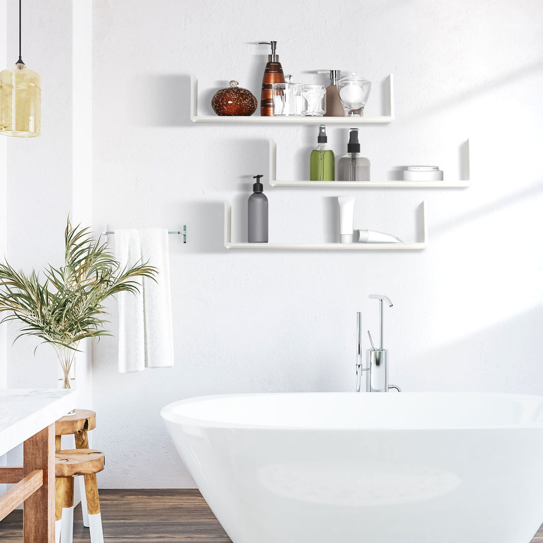 MCL Set of 3 Wooden U-Shaped Floating Shelves Set Wall Mounted Hanging Bookshelf CD DVD Storage Display for Bedroom Living Room Kitchen, White