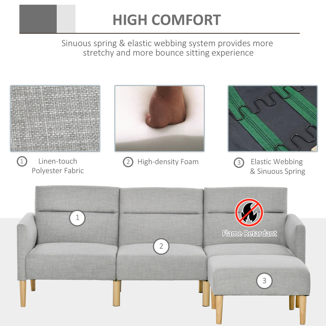 L Shape Sofa Bed Set, Linen Fabric Corner Sofa Bed with Rubber Wood Legs and Footstool, Light Grey