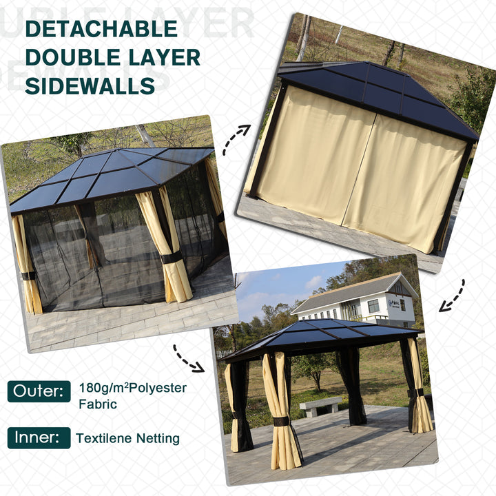 3 x 3.6m Polycarbonate Hardtop Gazebo with LED Solar Light and Aluminium Frame, Garden Pavilion with Mosquito Netting and Curtains