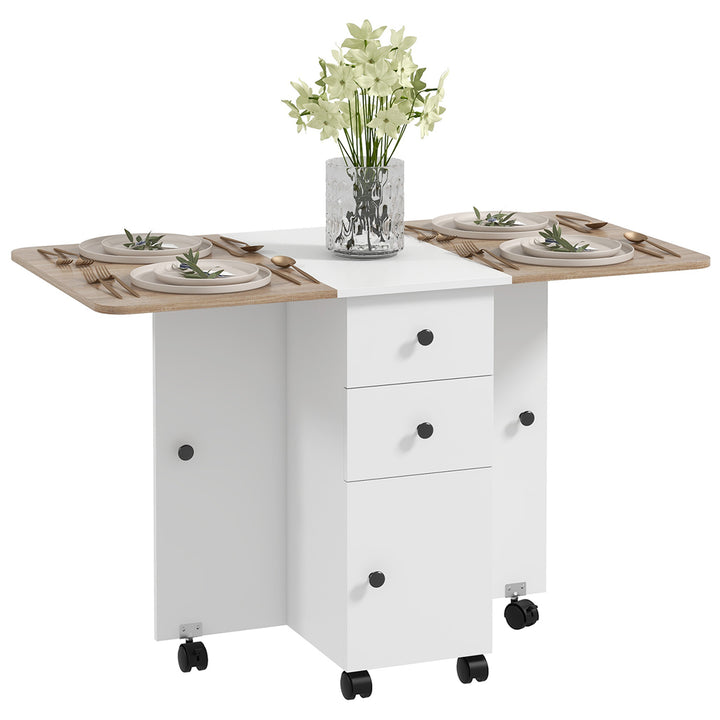 Multi-Storage Six-Person Drop Leaf Dining Table - Oak and White
