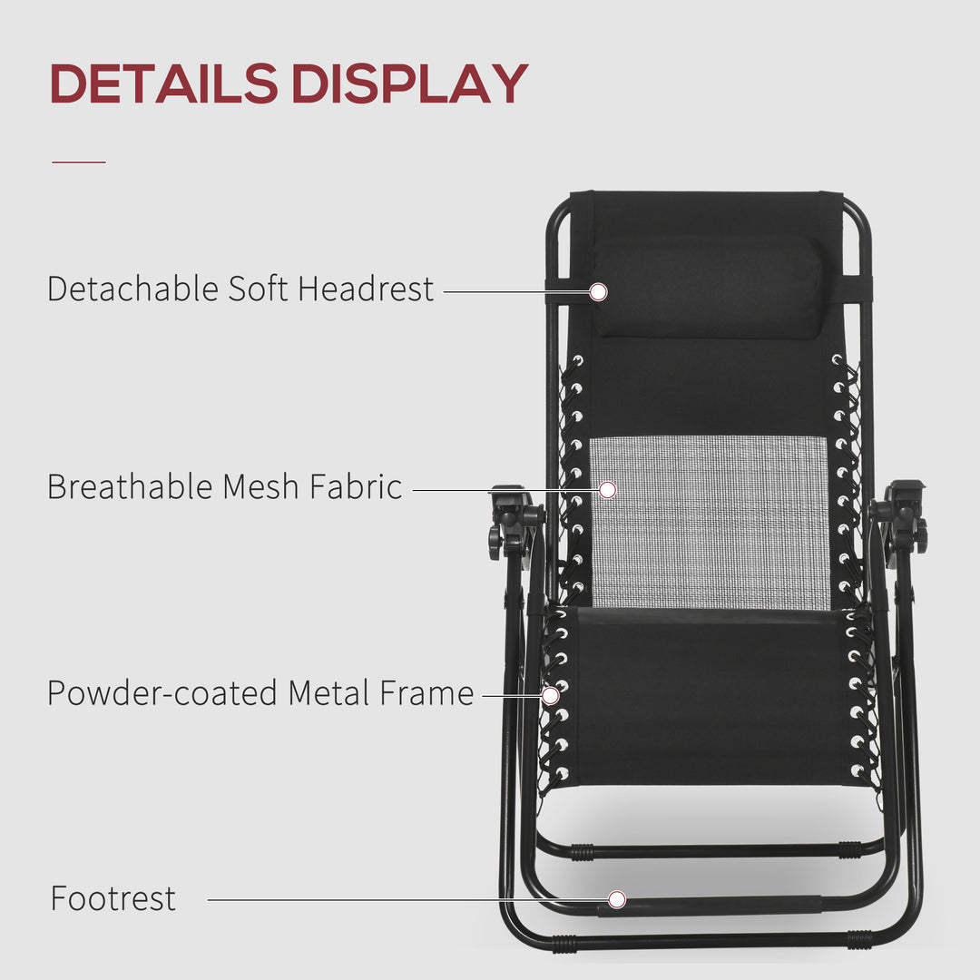 MCL Garden Recliner Chairs Set of 2, Outdoor Foldable Zero Gravity Chairs Set w/ Footstool and Detachable Headrest, Black