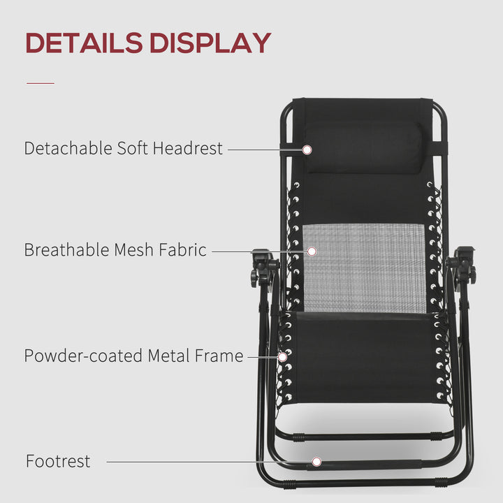 MCL Garden Recliner Chairs Set of 2, Outdoor Foldable Zero Gravity Chairs Set w/ Footstool and Detachable Headrest, Black