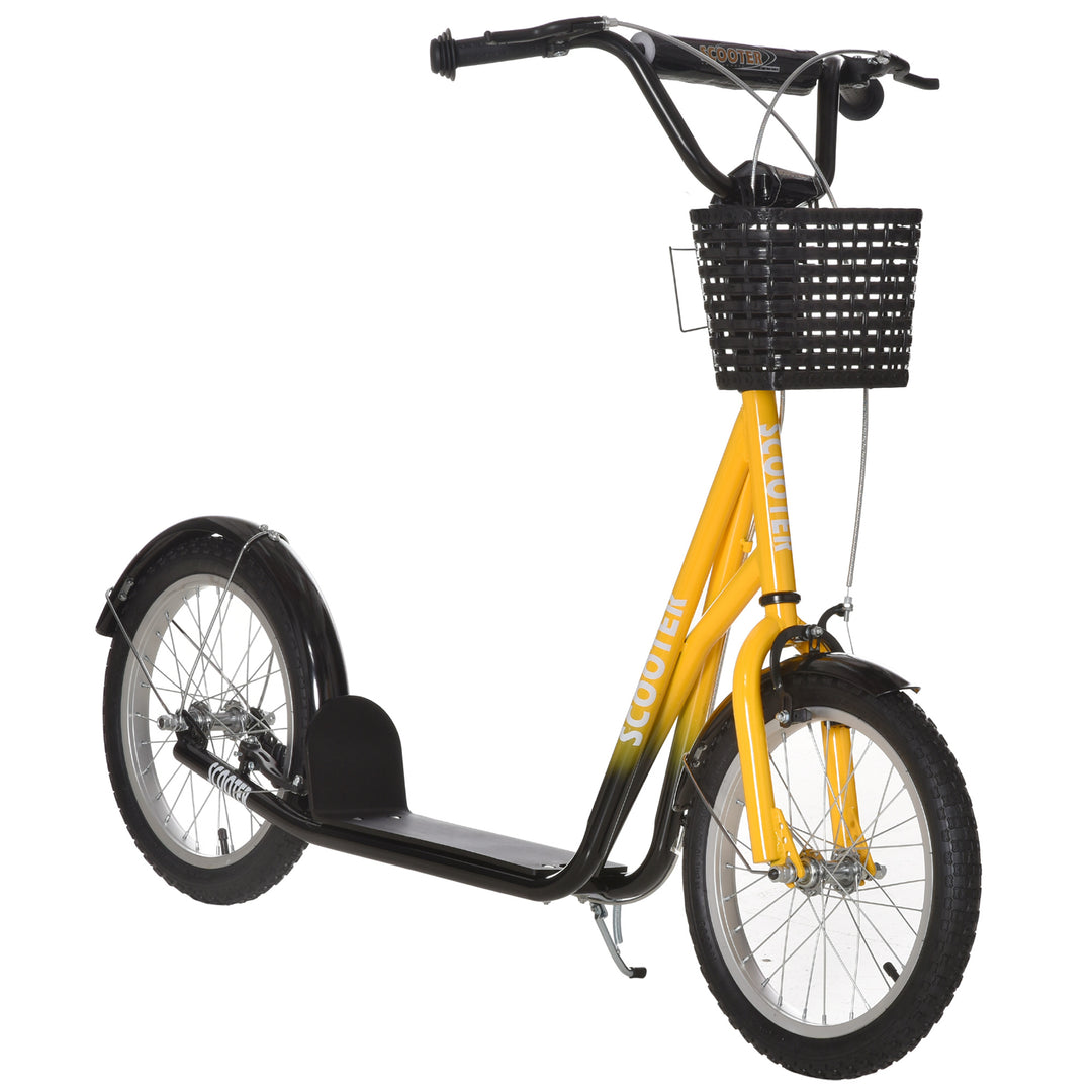 Kids Scooter, Kick Stunt Scooter with Adjustable Handlebar, Dual Brakes, Basket, Cupholder, Mudguard, 16" Inflatable Rubber Wheels, for 5-12 years, Orange
