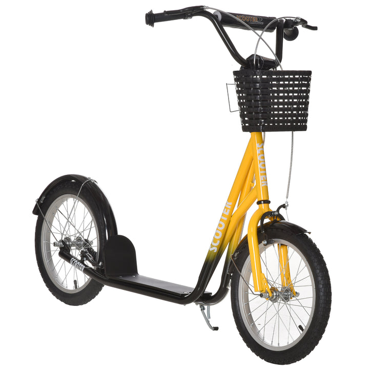 Kids Scooter, Kick Stunt Scooter with Adjustable Handlebar, Dual Brakes, Basket, Cupholder, Mudguard, 16" Inflatable Rubber Wheels, for 5-12 years, Orange