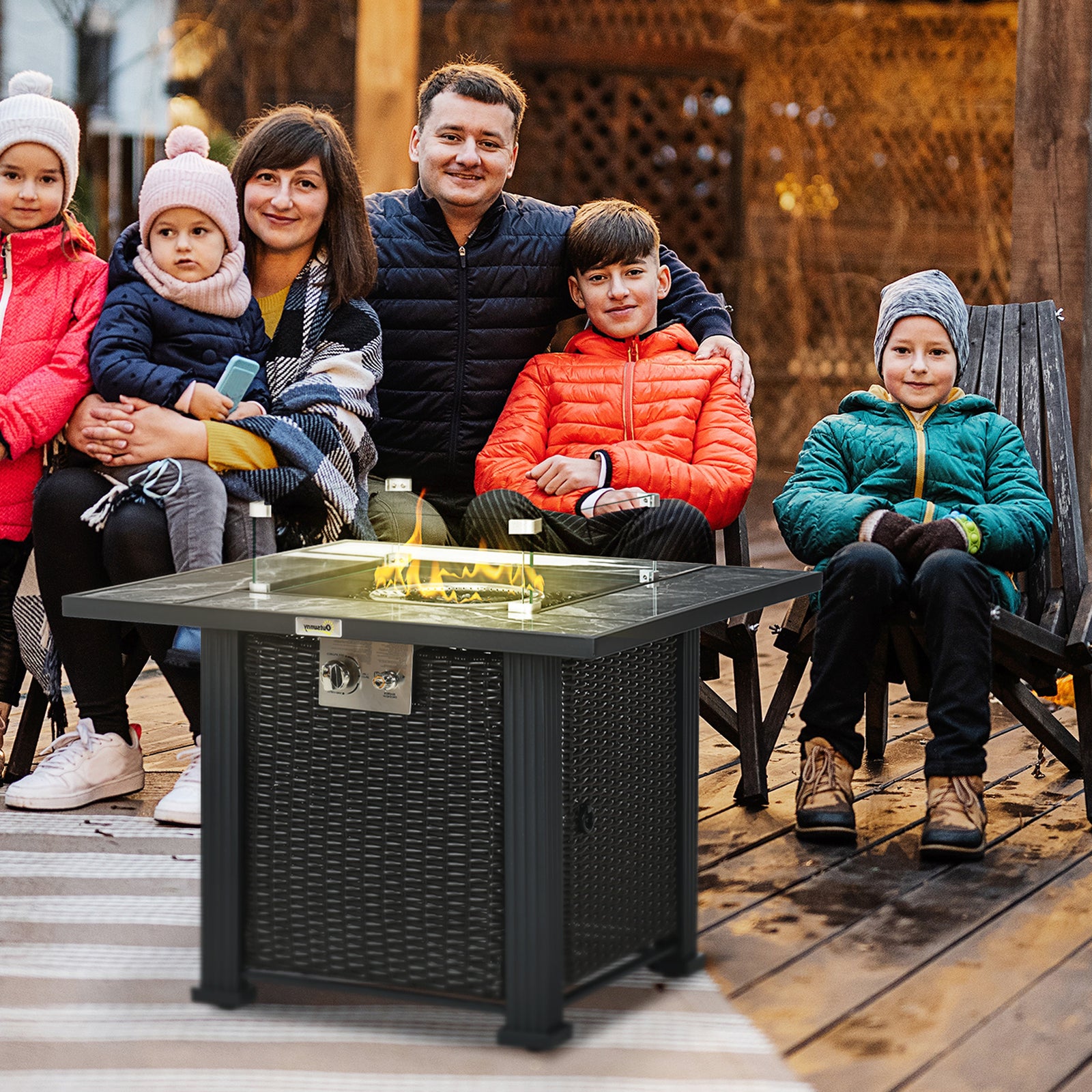 Outdoor PE Rattan Gas Fire Pit Table, Patio Square Propane Heater with Marble Desktop, Rain Cover, Glass Windscreen, and Glass Stones, 50,000 BTU, Black