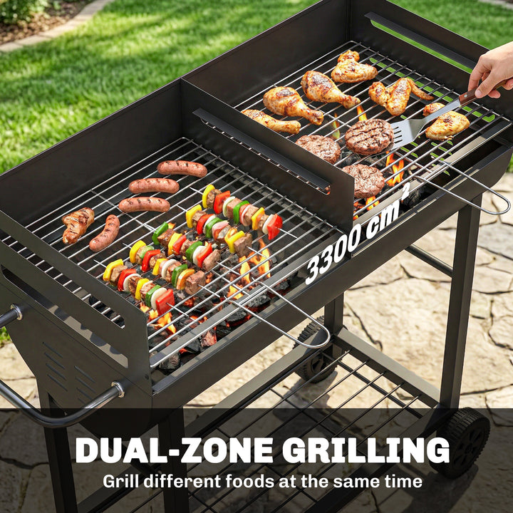 Charcoal Barbecue Grill with 2 Cooking Areas, Portable BBQ Trolley wit