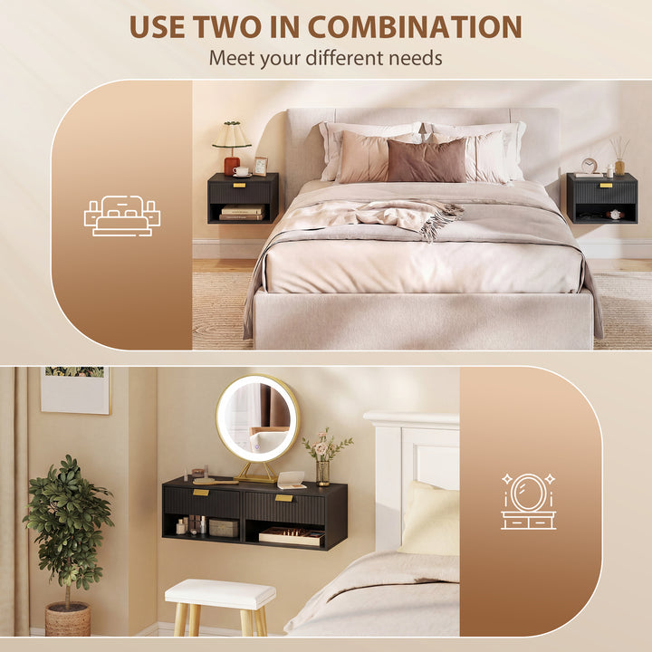 Set of 2 Wall Mounted Nightstands, Floating Bedside Tables with Fluted