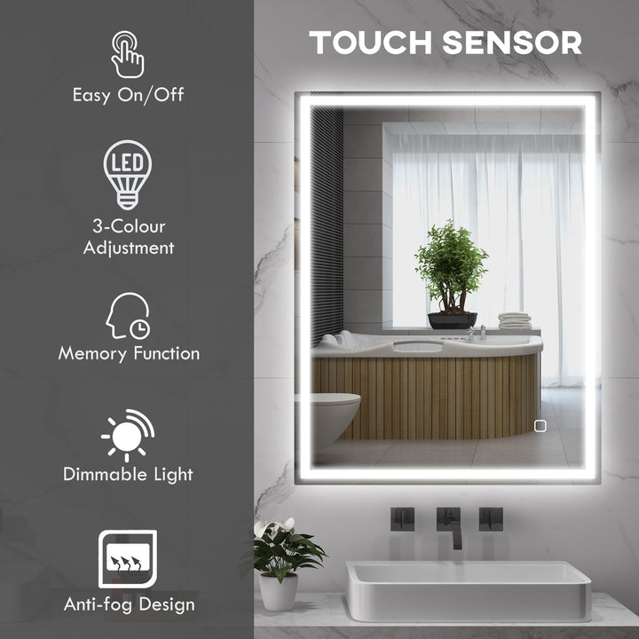 90 x 70cm LED Bathroom Mirror with Lights, Dimmable Makeup Mirror, Vanity Mirror with 3 Colour, Smart Touch, Anti-Fog