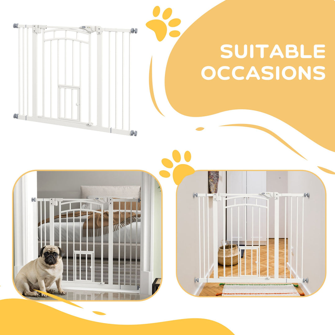 PawHut Stair Dog Gate with Cat Door, Pressure Fit, Auto Close, Double Lock, 74