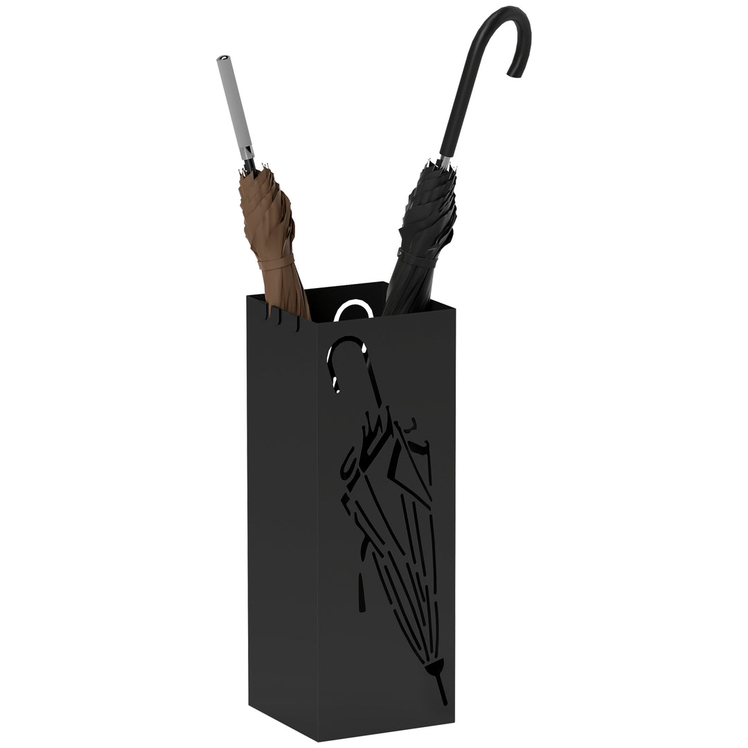 Metal Umbrella Stand, Square Umbrella Holder with 4 Hooks and Removable Drip Tray, Decorative Umbrella Storage Rack for Entryway, Hallway, 15.5 x 15.5 x 41 cm, Black