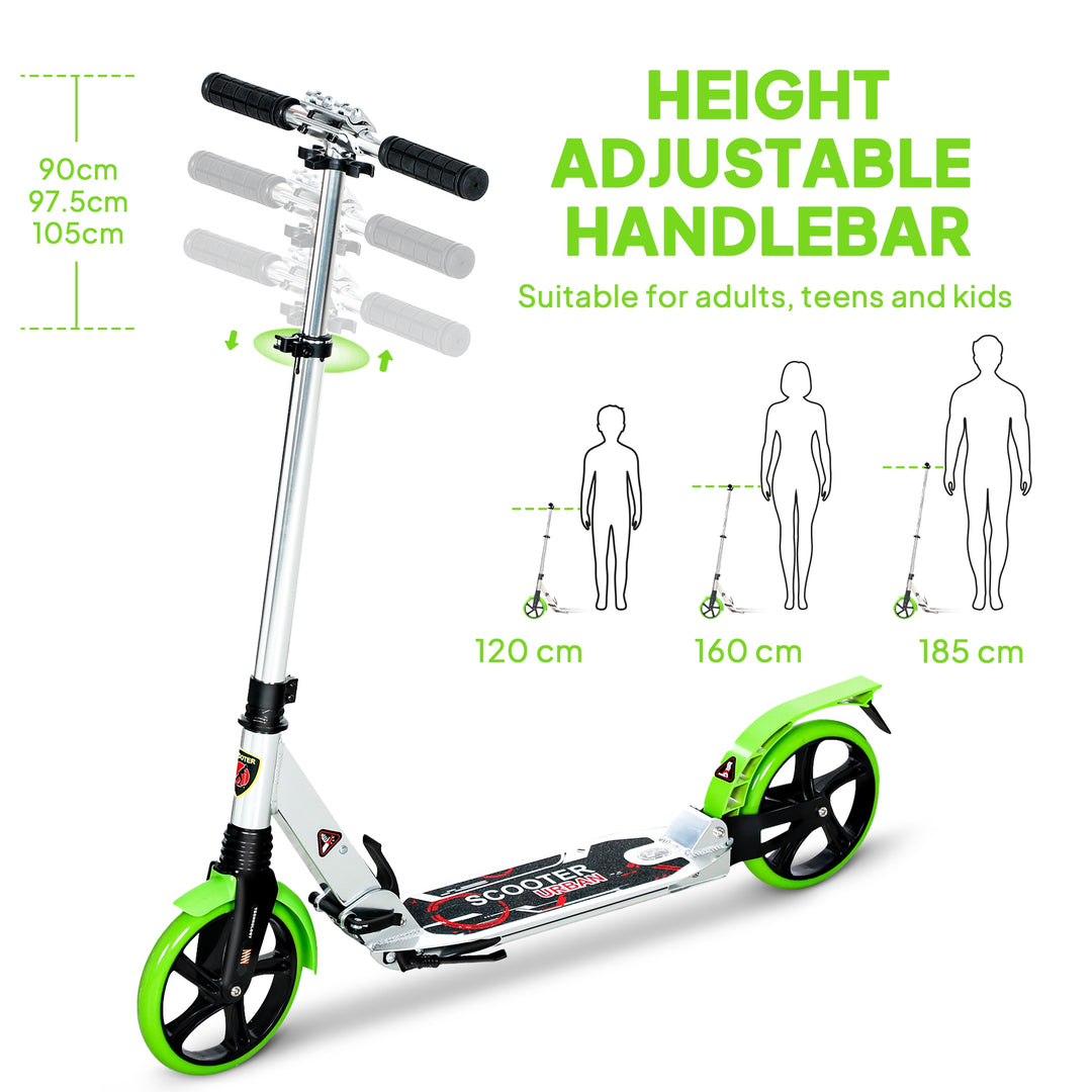 Folding Kick Scooter, Adjustable Ride On Scooter with 200mm Big Wheels and Double Shock Absorption, Urban Scooter for 14+ Teens Adult, Green
