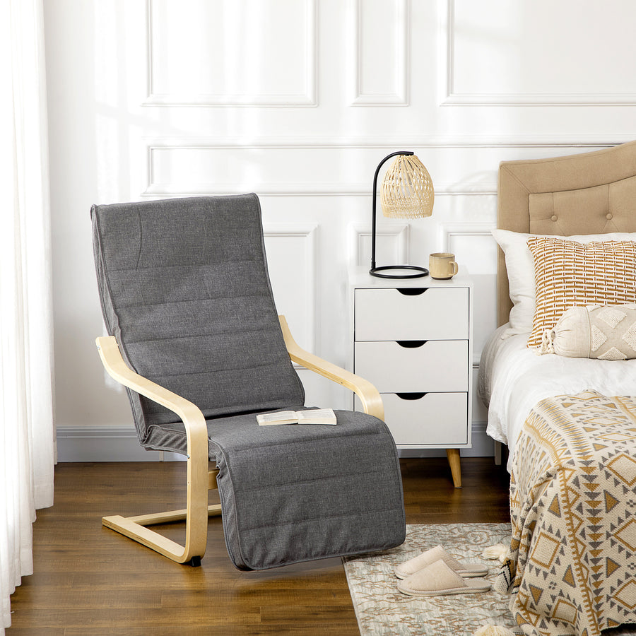 Wooden Armchair, Upholstered Linen Lounge Chair with Adjustable Footrest & Removable Cushion, Poang Chair for Living Room, Dark Grey